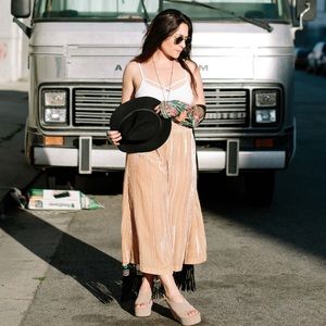 Crushed Velvet Long Skirt in Beige